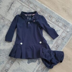 Ralph Lauren Baby Girl Navy Cotton Ruffle Hem Dress And Cover Sz18m
